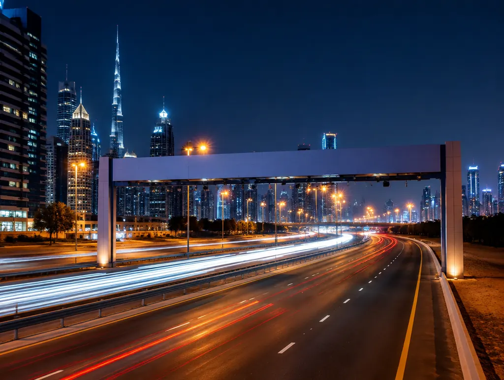 Toll gantry over a Dubai highway at night with light trails