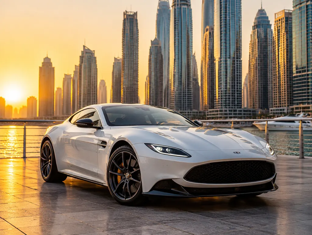 White sports coupe on the Dubai Marina promenade at sunset